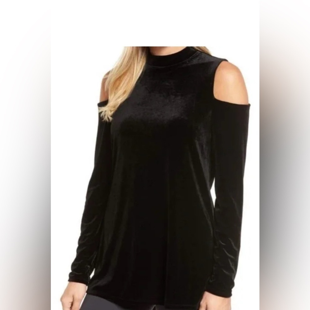 Halogen Black Velvet Cold Shoulder Mock Neck Velour Tunic Top Size Small Elegant
